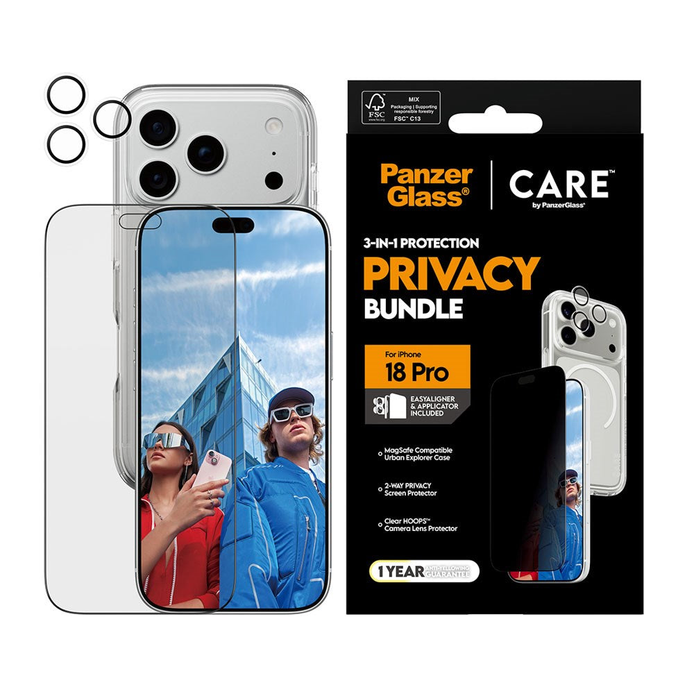 iPhone 18 Pro CARE by PanzerGlass 3-i-1 FLAGSHIP Bundle - Case / Privacy Screen Protector (UWF) / Camera Protection - Transparent / Black