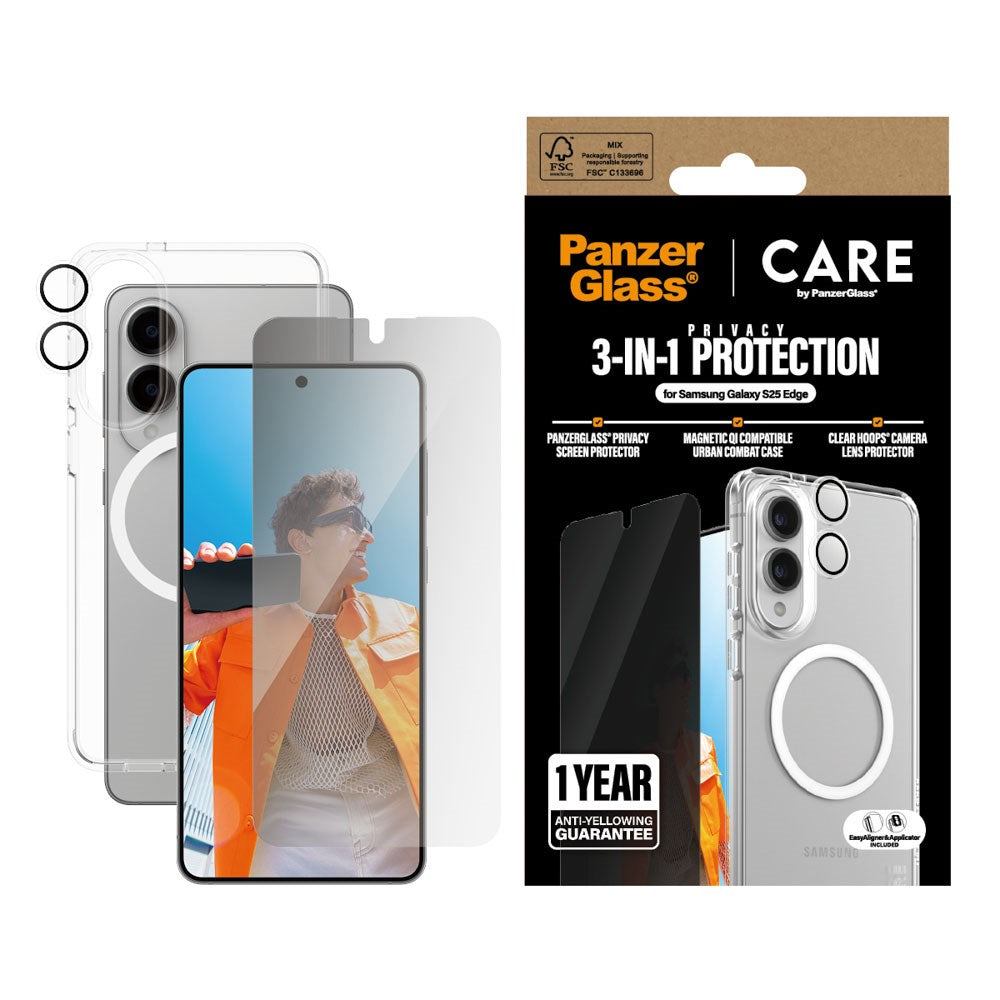 CARE by PanzerGlass Samsung Galaxy S25 Edge 3-i-1 FLAGSHIP Bundle - Case / Privacy Screen Protector (UWF) / Camera Protection - Transparent / White