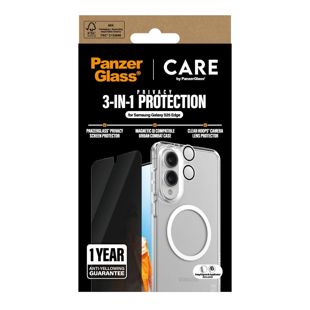 CARE by PanzerGlass Samsung Galaxy S25 Edge 3-i-1 FLAGSHIP Bundle - Case / Privacy Screen Protector (UWF) / Camera Protection - Transparent / White
