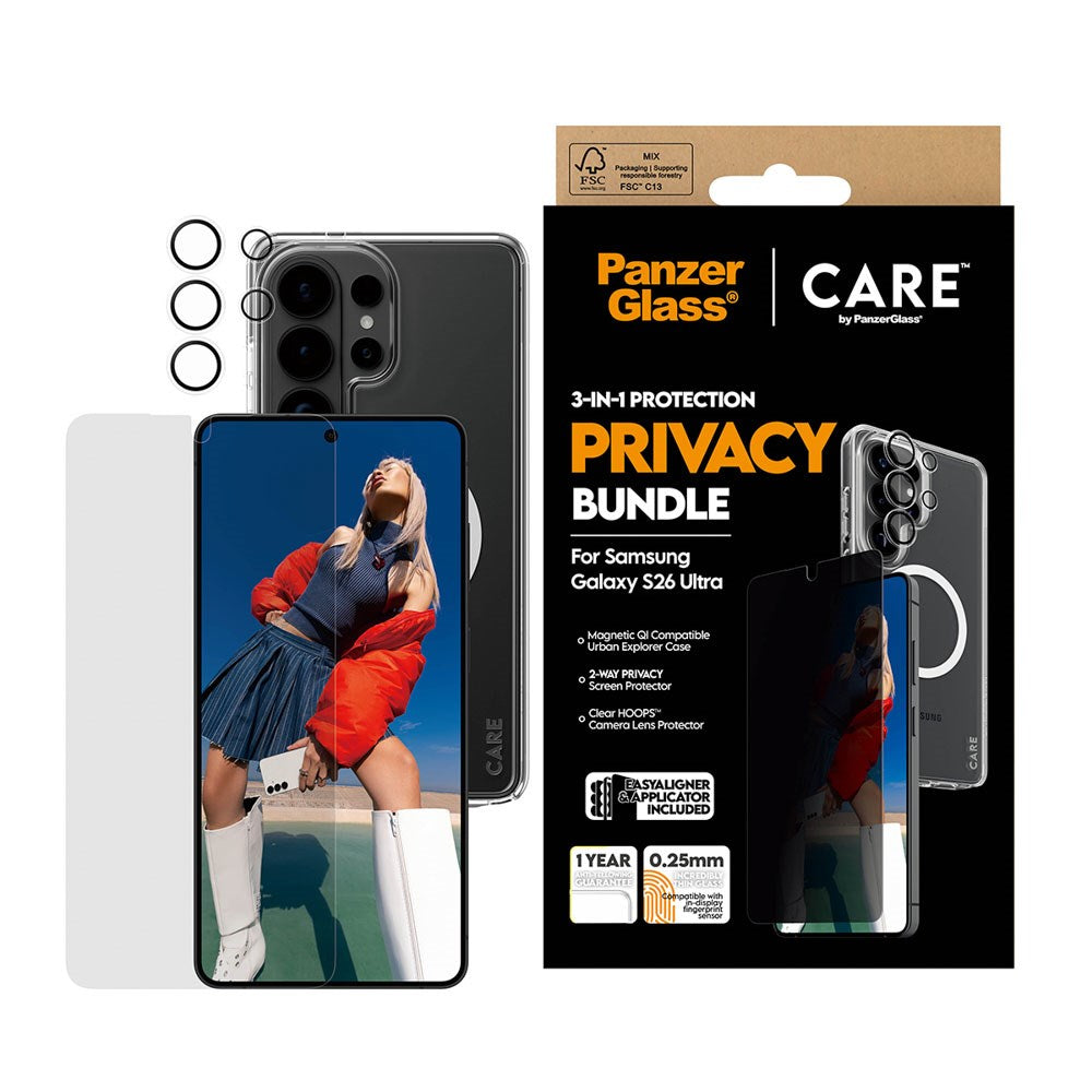 Samsung Galaxy S26 Ultra Urban Combat 3-in-1 Privacy Bundle with Case / Screen Protector (Privacy) / Camera Protection - Qi Compatible - Transparent