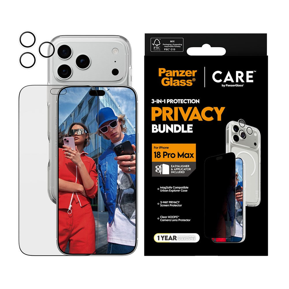 iPhone 18 Pro Max CARE by PanzerGlass 3-i-1 FLAGSHIP Bundle - Case / Privacy Screen Protector (UWF) / Camera Protection - Transparent / Black
