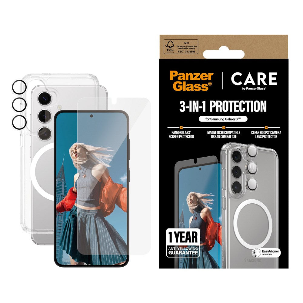 CARE by PanzerGlass Samsung Galaxy S25 3-i-1 FLAGSHIP Bundle - Case / Screen Protector (UWF) / Camera Protection - Transparent