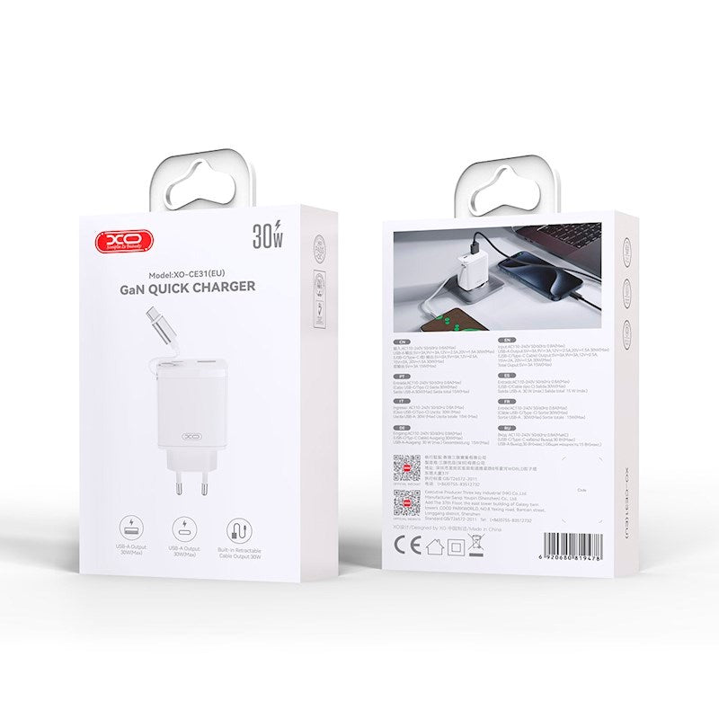 XO 30W Wall Charger 1 x USB-C 1 x USB-A with Retractable USB-C Cable - White