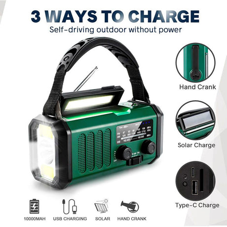 Lippa FM Emergency Radio - Hand Crank, Solar Panel, Compass, 10.000 mAh Powerbank - Green