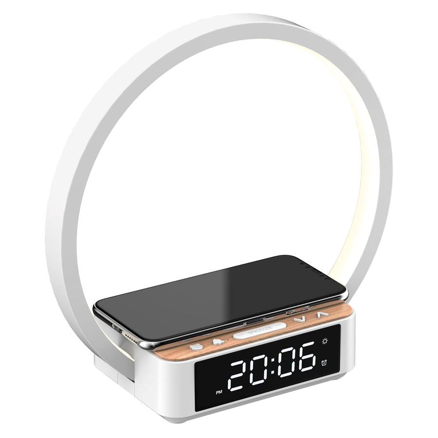 Lippa Bedside Lamp with 5W Wireless Charging & Alarm Clock - White