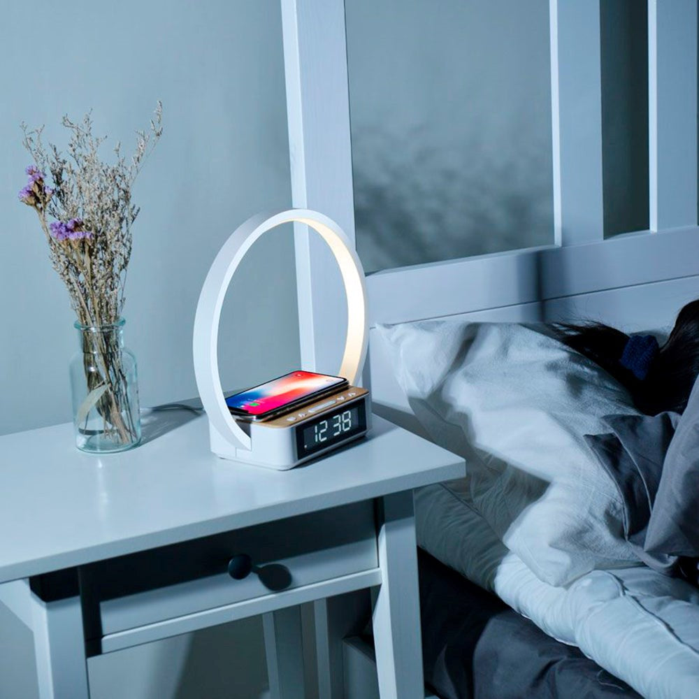 Lippa Bedside Lamp with 5W Wireless Charging & Alarm Clock - White