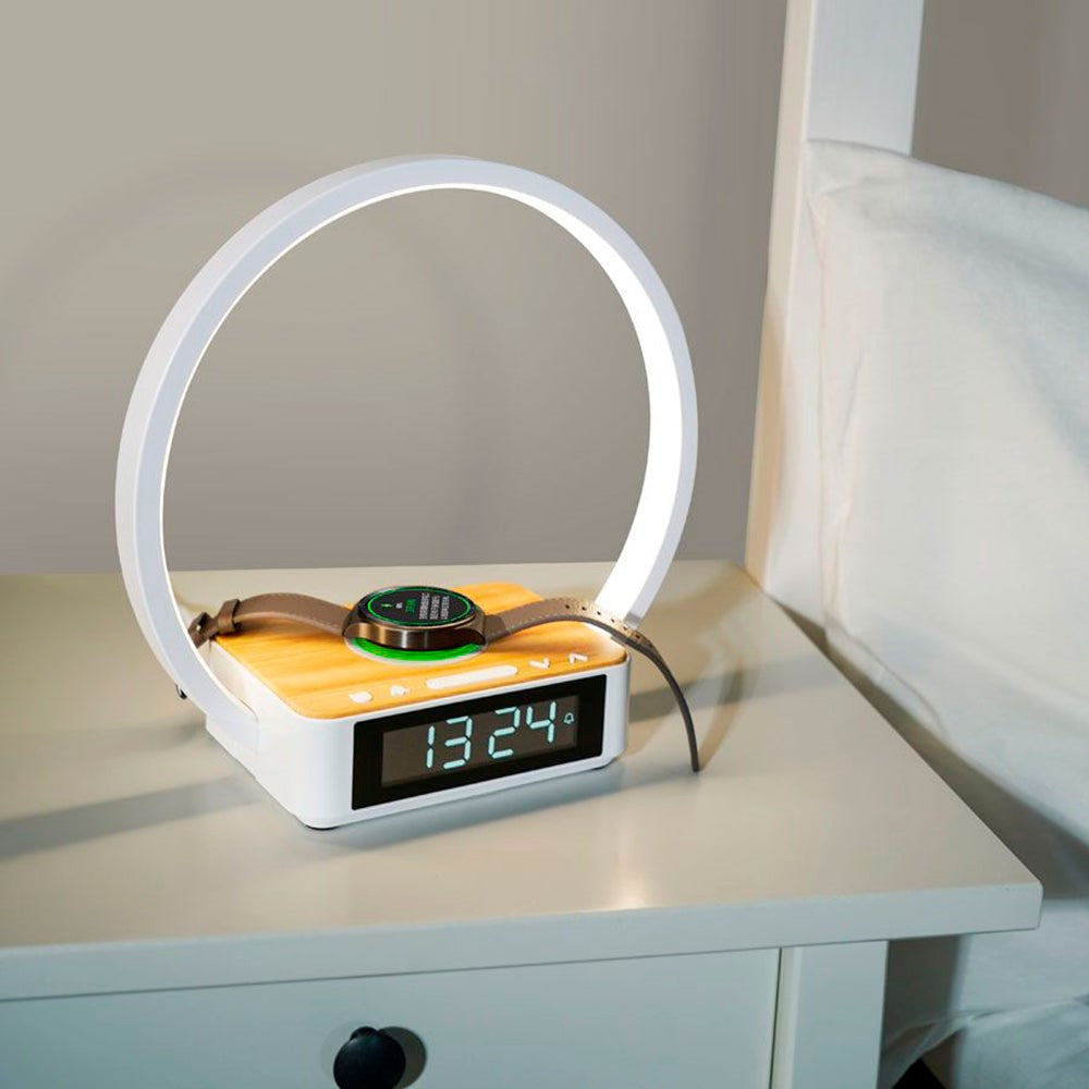 Lippa Bedside Lamp with 5W Wireless Charging & Alarm Clock - White