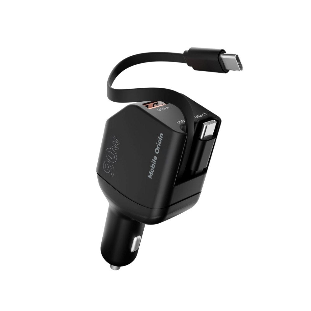 4-in-1 Car Charger 90W Mobile Origin with USB-C + USB-A and 2x Retractable USB-C Cable – Black