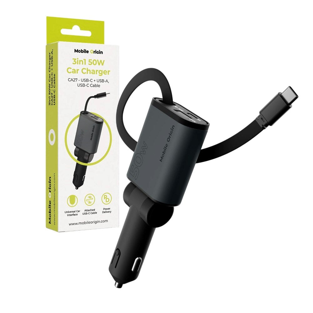 3-in-1 Car Charger 50W Mobile Origin with USB-C + USB-A and Retractable USB-C Cable – Grey