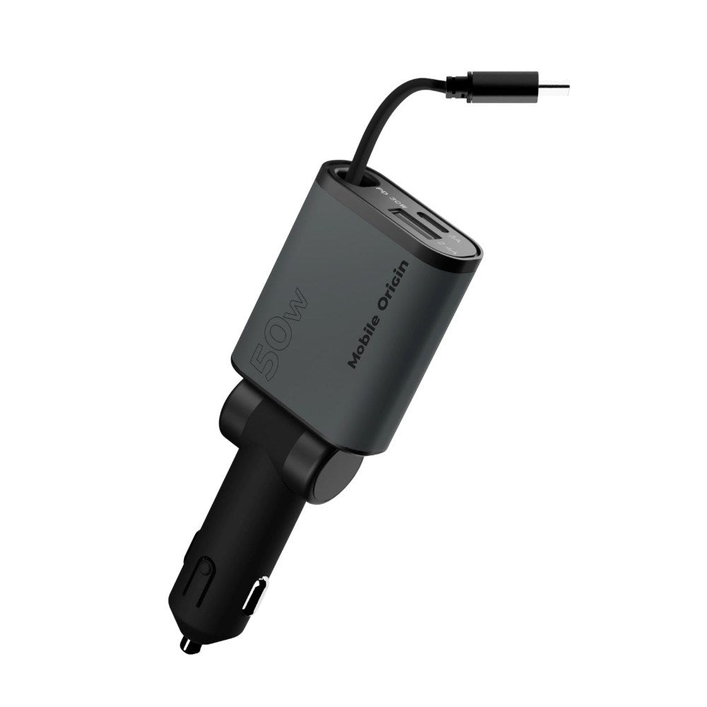 3-in-1 Car Charger 50W Mobile Origin with USB-C + USB-A and Retractable USB-C Cable – Grey