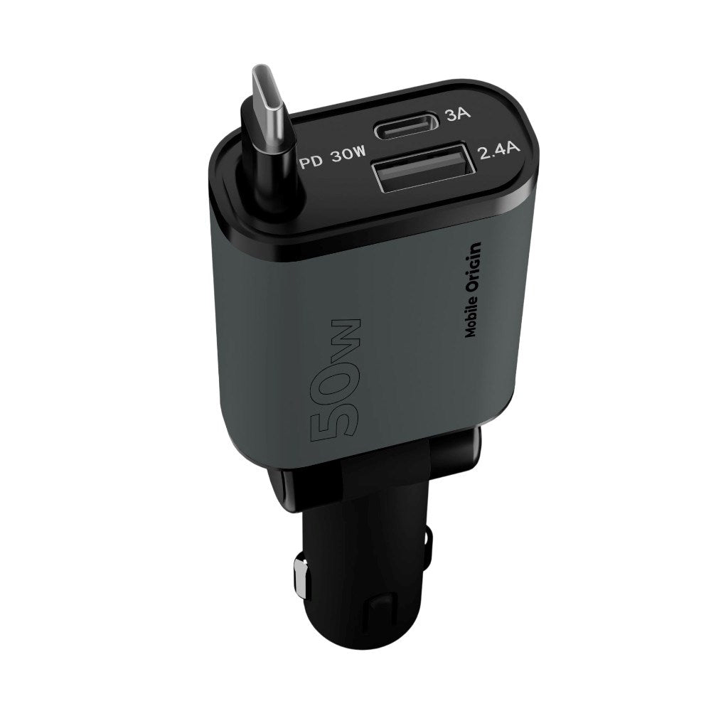 3-in-1 Car Charger 50W Mobile Origin with USB-C + USB-A and Retractable USB-C Cable – Grey