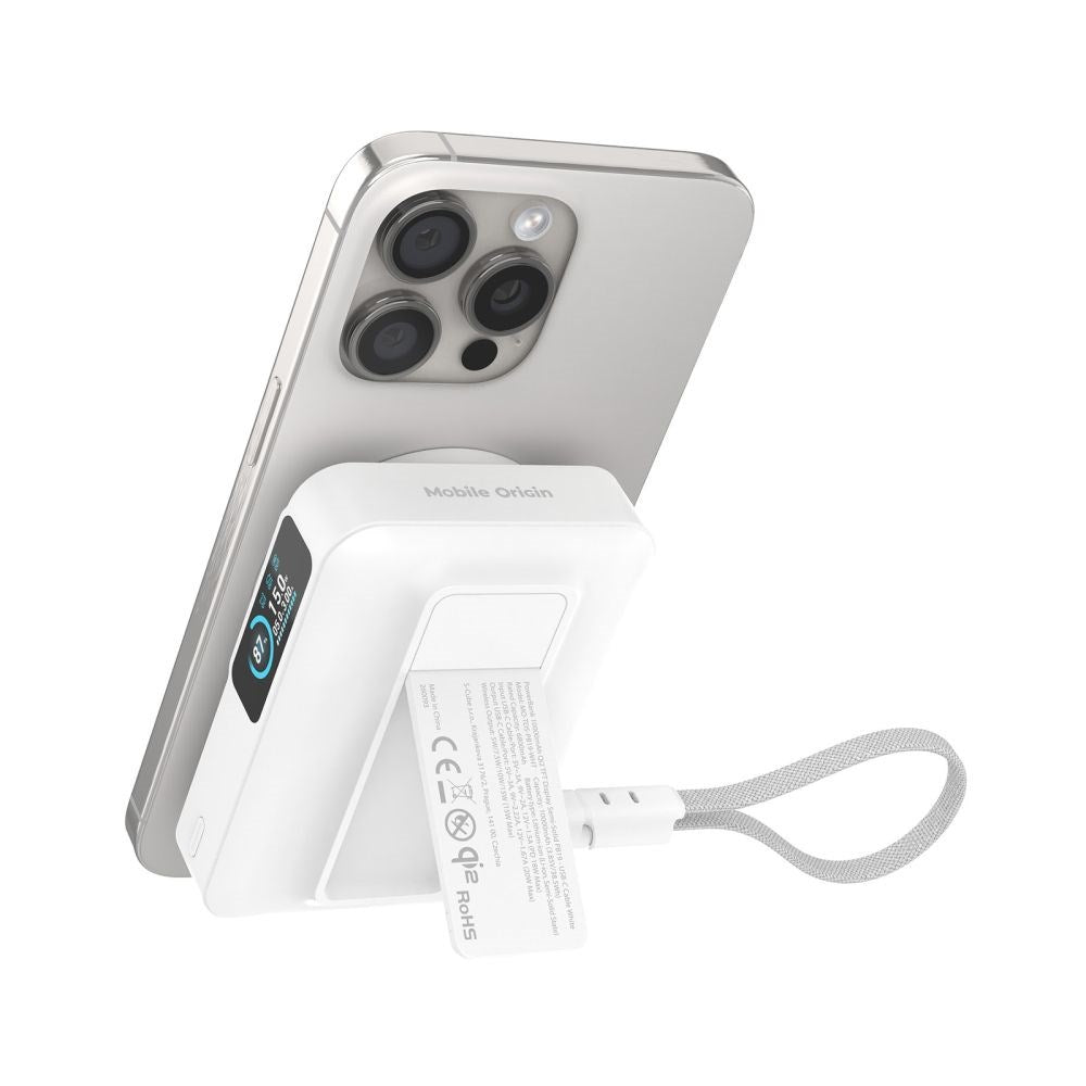 Mobile Origin 10,000mAh Powerbank with Wireless Charging / Built-in USB-C Cable - MagSafe / Qi2 Compatible - White