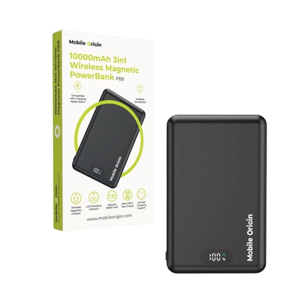 3-in-1 Power Bank 10000mAh Mobile Origin w. Wireless Charging – MagSafe Compatible – Black