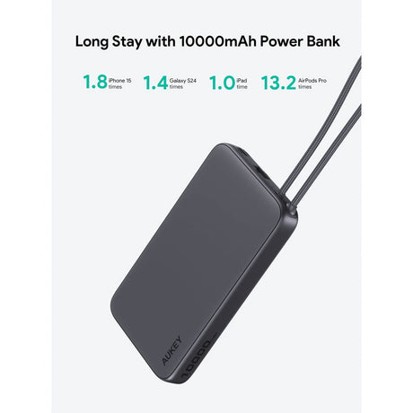 Aukey Spark Sling Powerbank with Built-in USB-C Cable - 10,000mAh - 20W - 1 x USB-C - 1 x USB-A - Grey