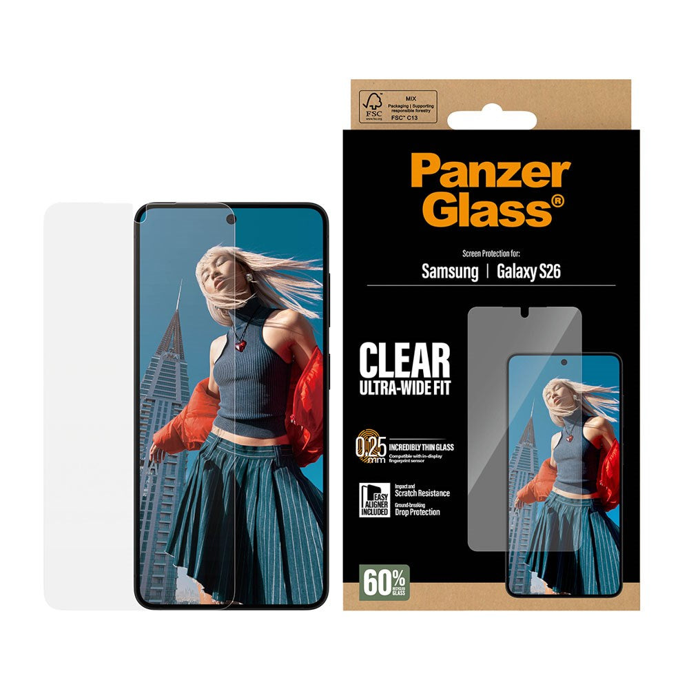 Samsung Galaxy S26 PanzerGlass Screen Protector Glass with EasyAligner - Ultra Wide Fit - Transparent