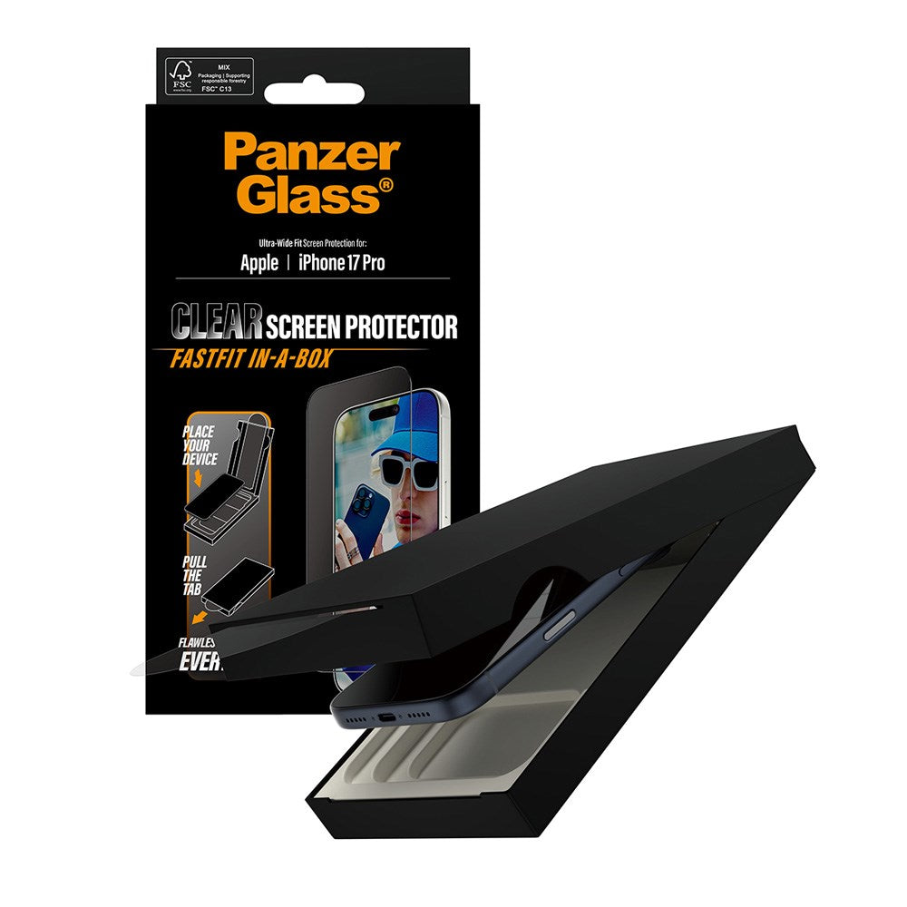 PanzerGlass iPhone 17 Pro Screen Protector Glass with FastFit In-A-Box - Ultra Wide Fit - Transparent