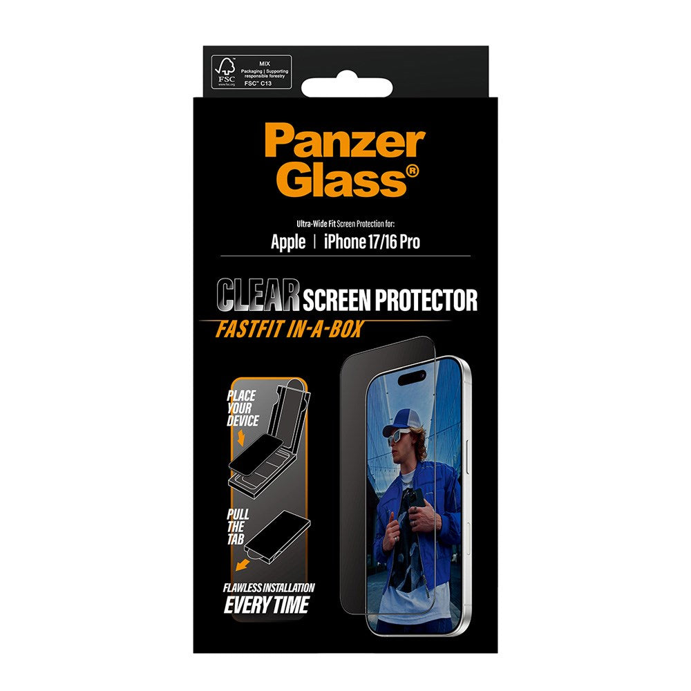 PanzerGlass iPhone 17 / 16 Pro Screen Protector Glass with FastFit In-A-Box - Ultra Wide Fit - Transparent