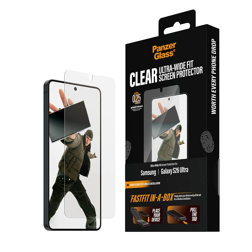 Samsung Galaxy S26 Ultra PanzerGlass Screen Protector Glass with FastFit In-A-Box - Ultra Wide Fit - Transparent