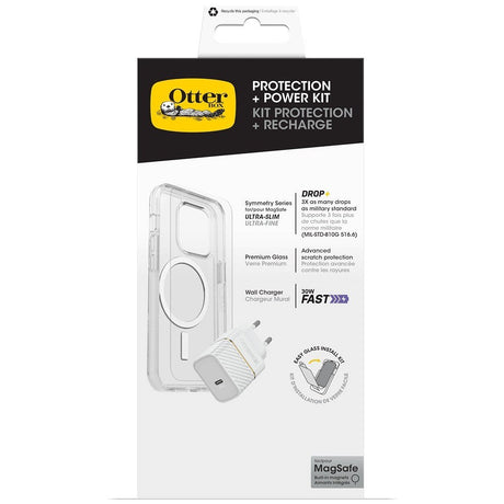 OtterBox iPhone 15 Pro Max Protection + Power Kit - MagSafe Case, Screen Protection & 20W Wall Charger - Transparent / White