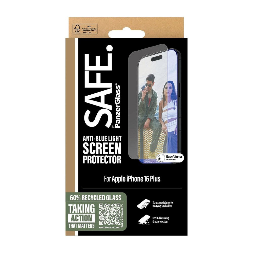 SAFE by PanzerGlass iPhone 15/16 Plus Ultra-Wide Fit Screen Protector Glass - Blue Light - Transparent