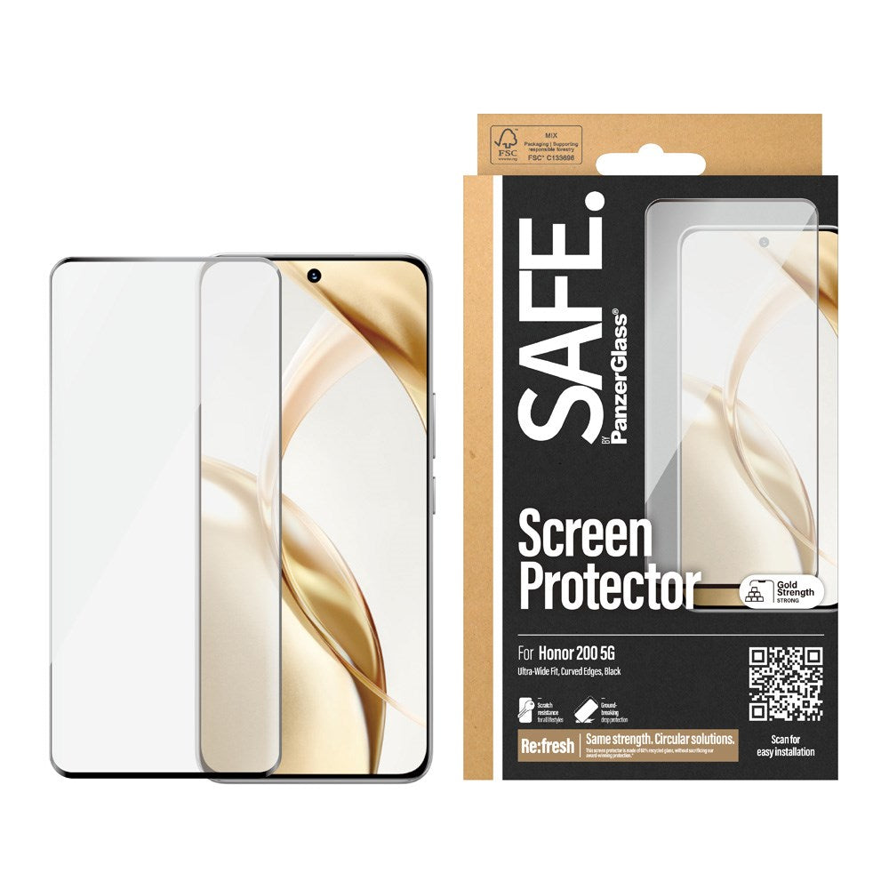 Honor 200 Safe By PanzerGlass® Ultra-Wide Fit Screen Protector - Case Friendly - Gold Strength - Transparent / Black Edge