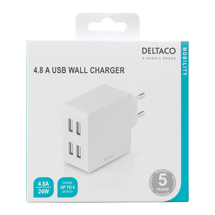 Deltaco 24W Wall charger w. 4 x USB-A - White