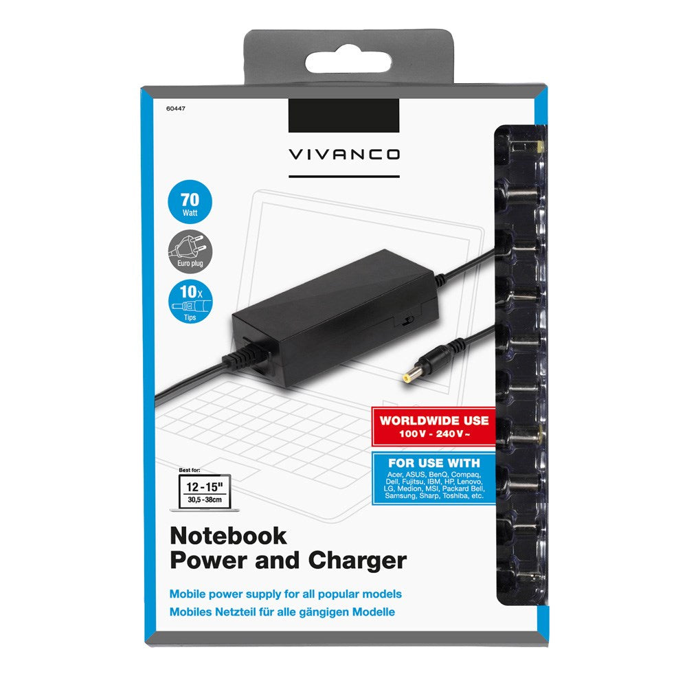 Vivanco Laptop Charger 70W with 10 x Adapters - Black
